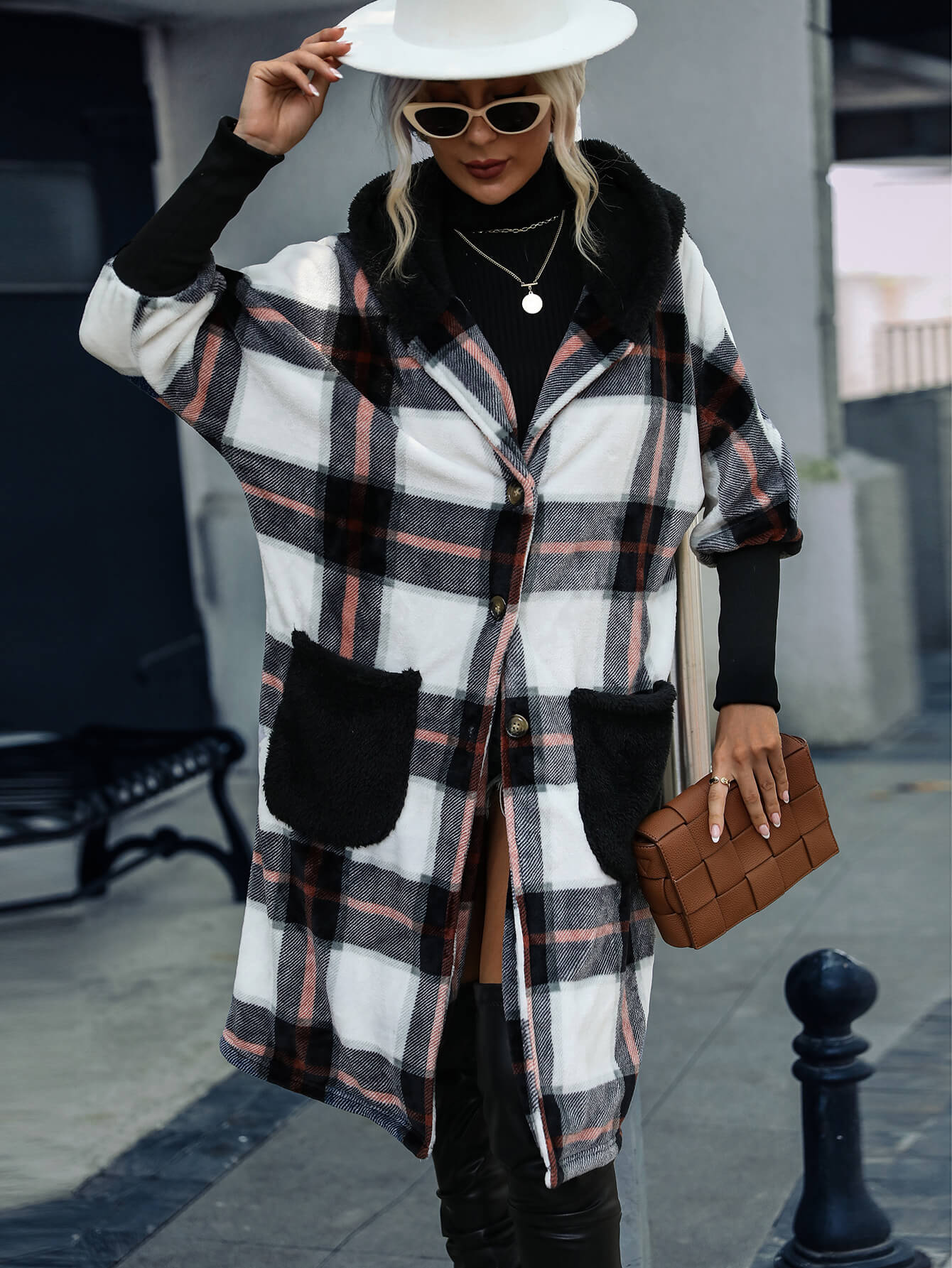 Plaid Button Down Fleece Hooded Jacket