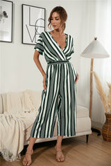 Striped V Neck Wide Leg Jumpsuit - Minihomy