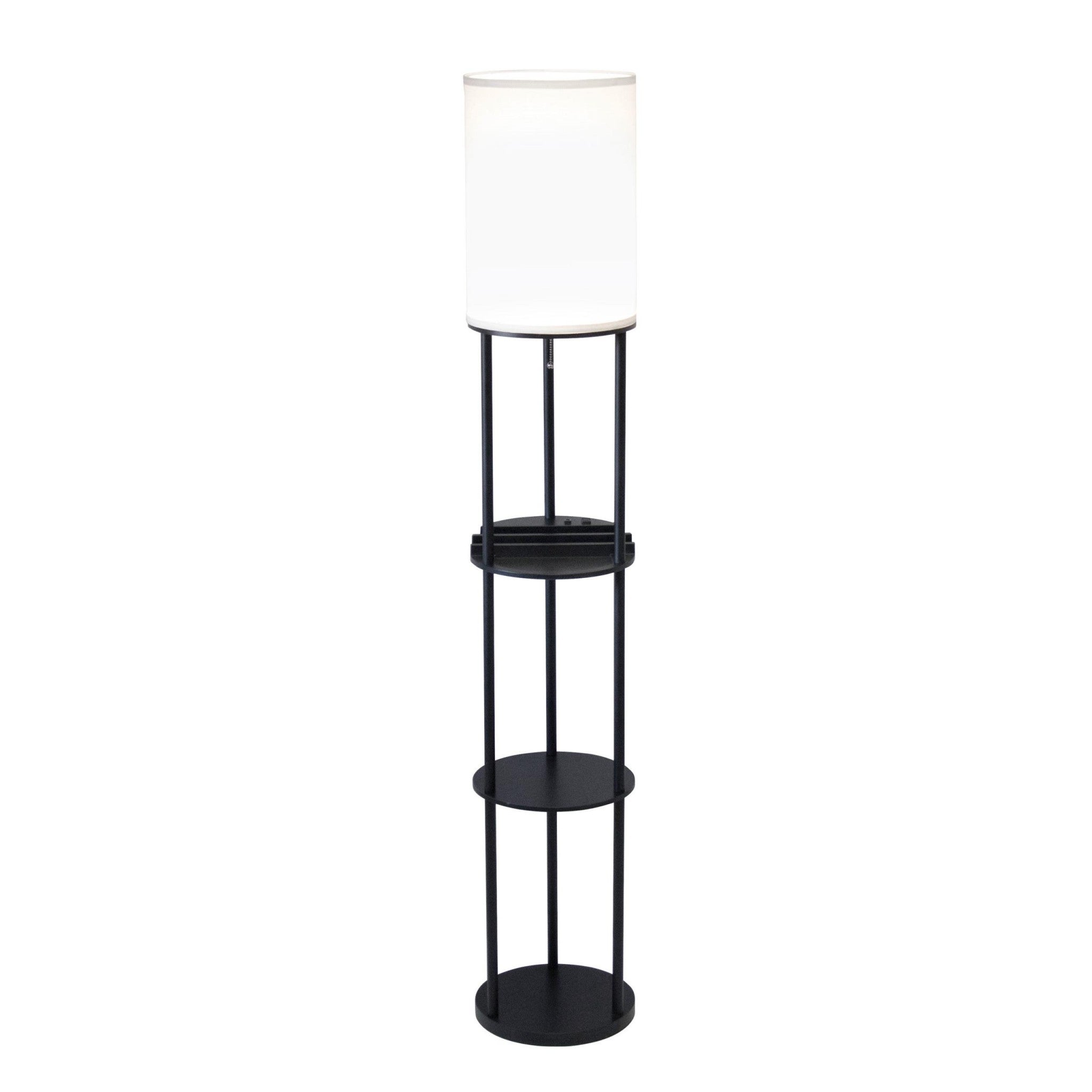 Black Wood Floor Lamp With Circular Usb Charging Station Shelf
