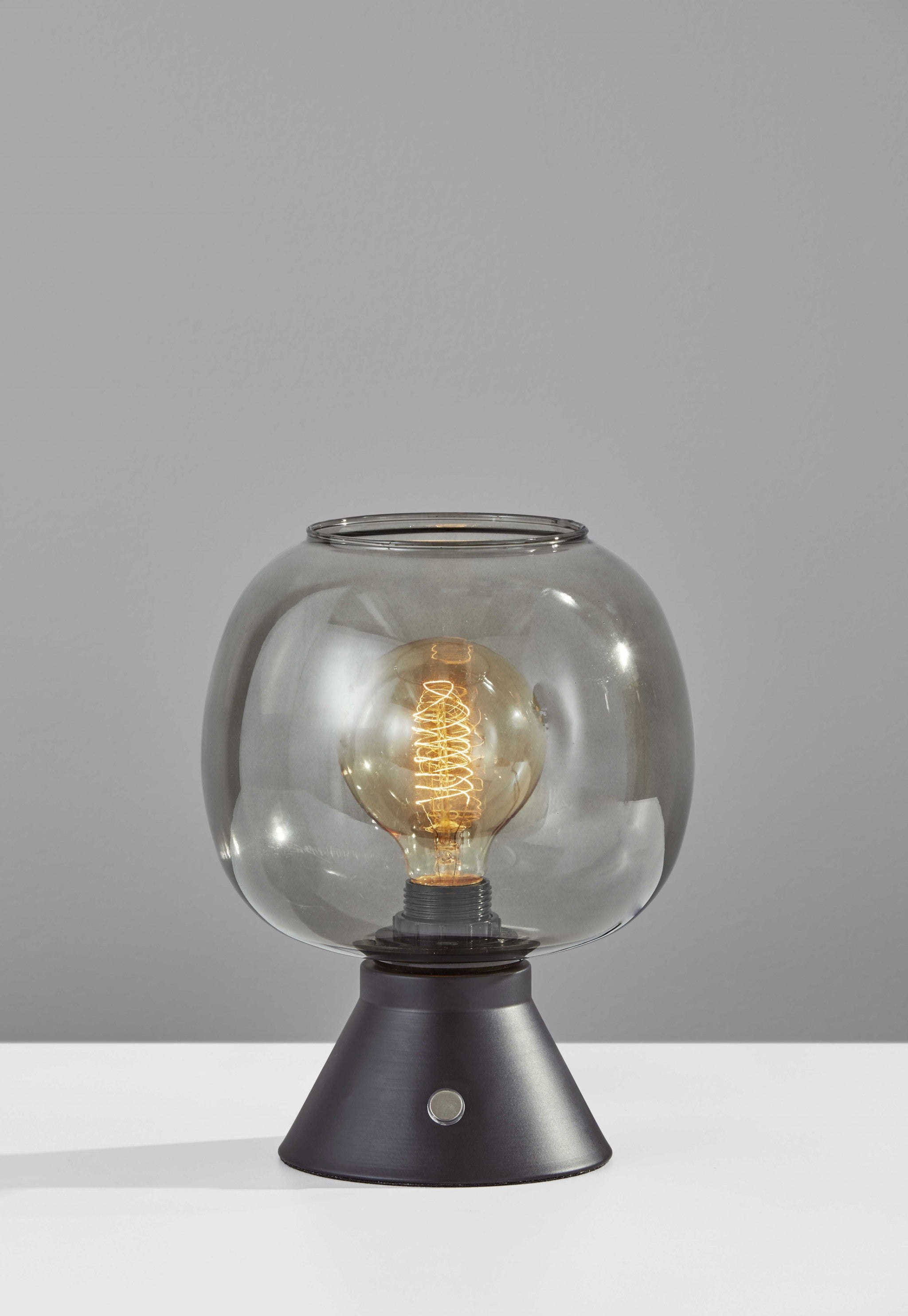 Smoked Glass Globe Shade With Vintage Edison Bulb And Matte Black Metal Table Lamp