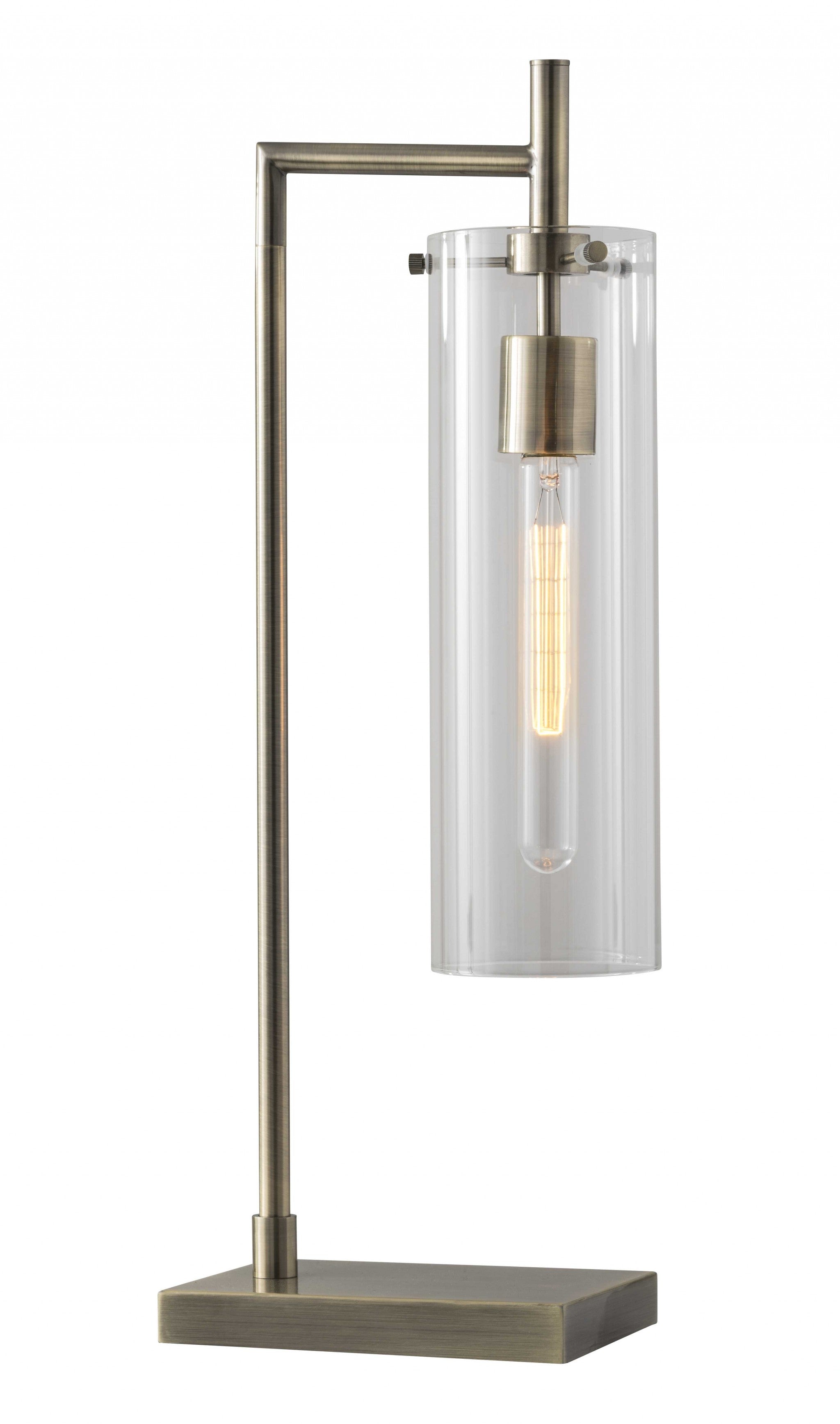 Sleek Clear Glass Cylinder Shade With Vintage Filament Bulb Antique Brass Metal Table Lamp