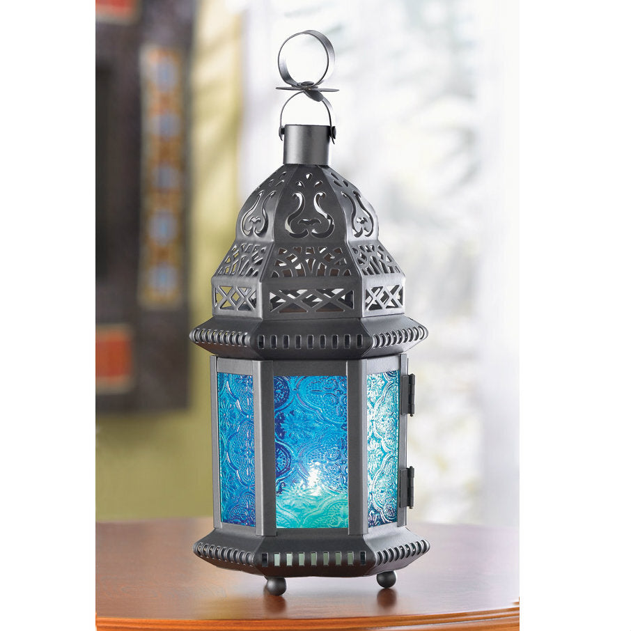 Azure Glass Moroccan Candle Lantern - 10 inches - Minihomy