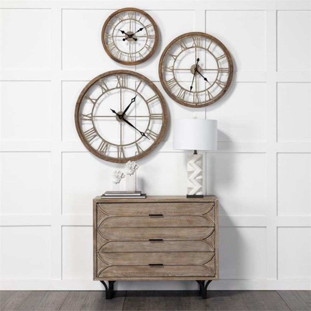 31.5" Whitewash Brown Round Modern Farm Wall Clock - Minihomy