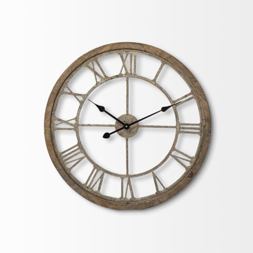 25" Whitewash Brown Round Modern Farm Wall Clock - Minihomy