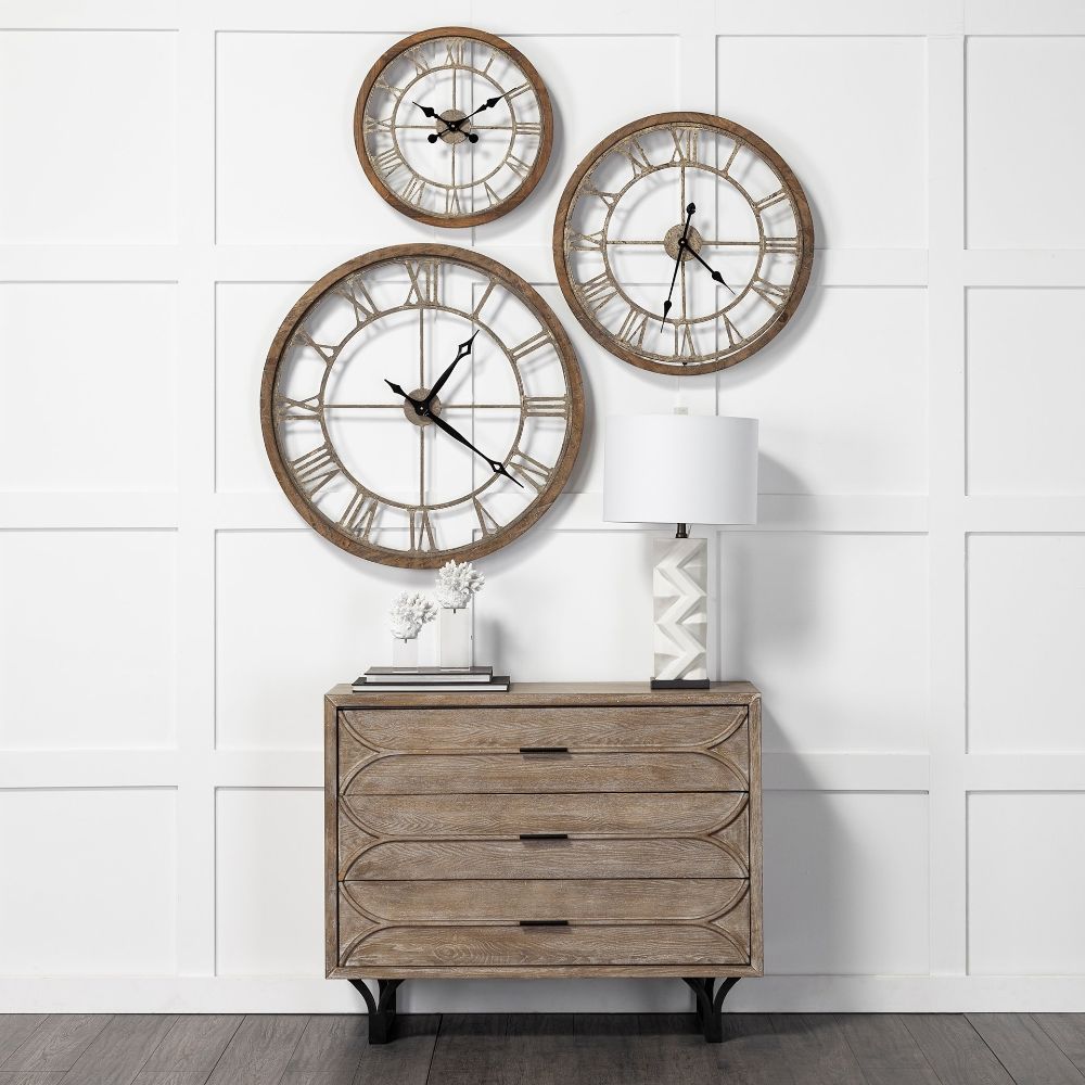 25" Whitewash Brown Round Modern Farm Wall Clock - Minihomy