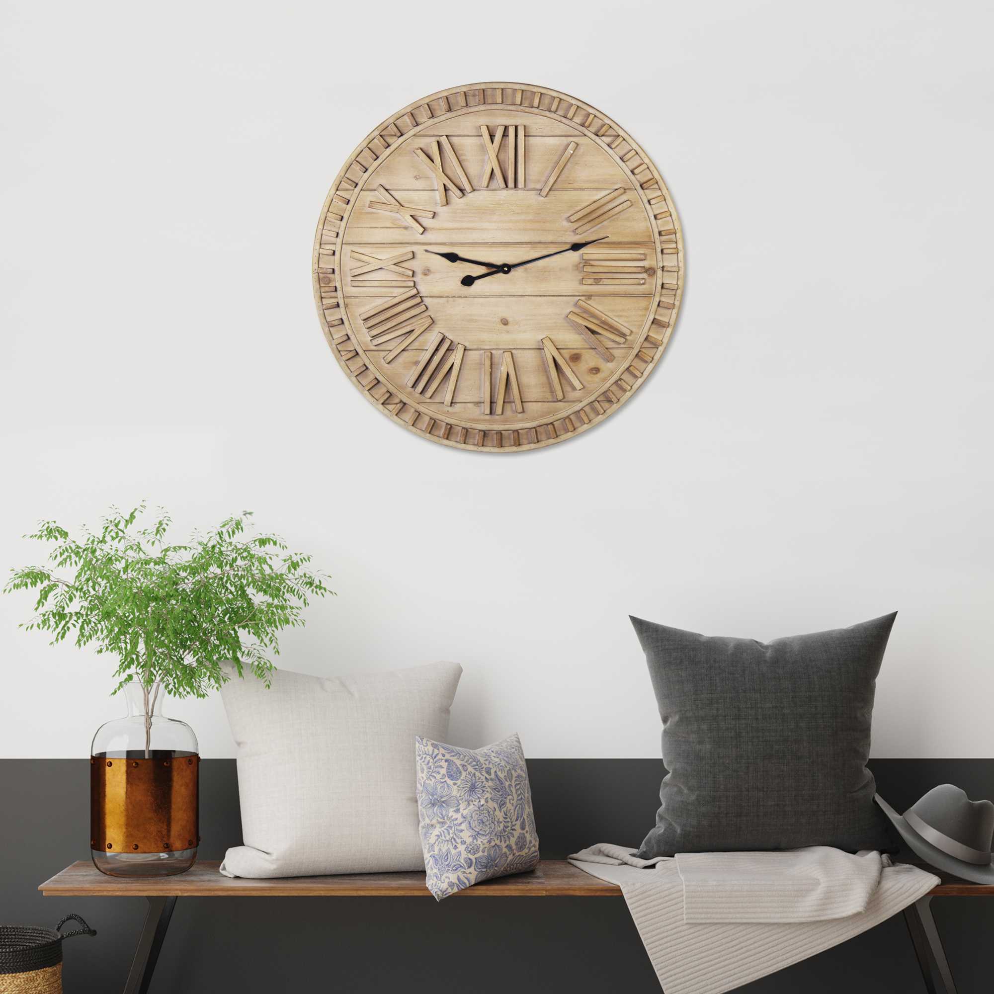 32 Round Natural Wood Face Roman Numeral Wall Clock - Minihomy