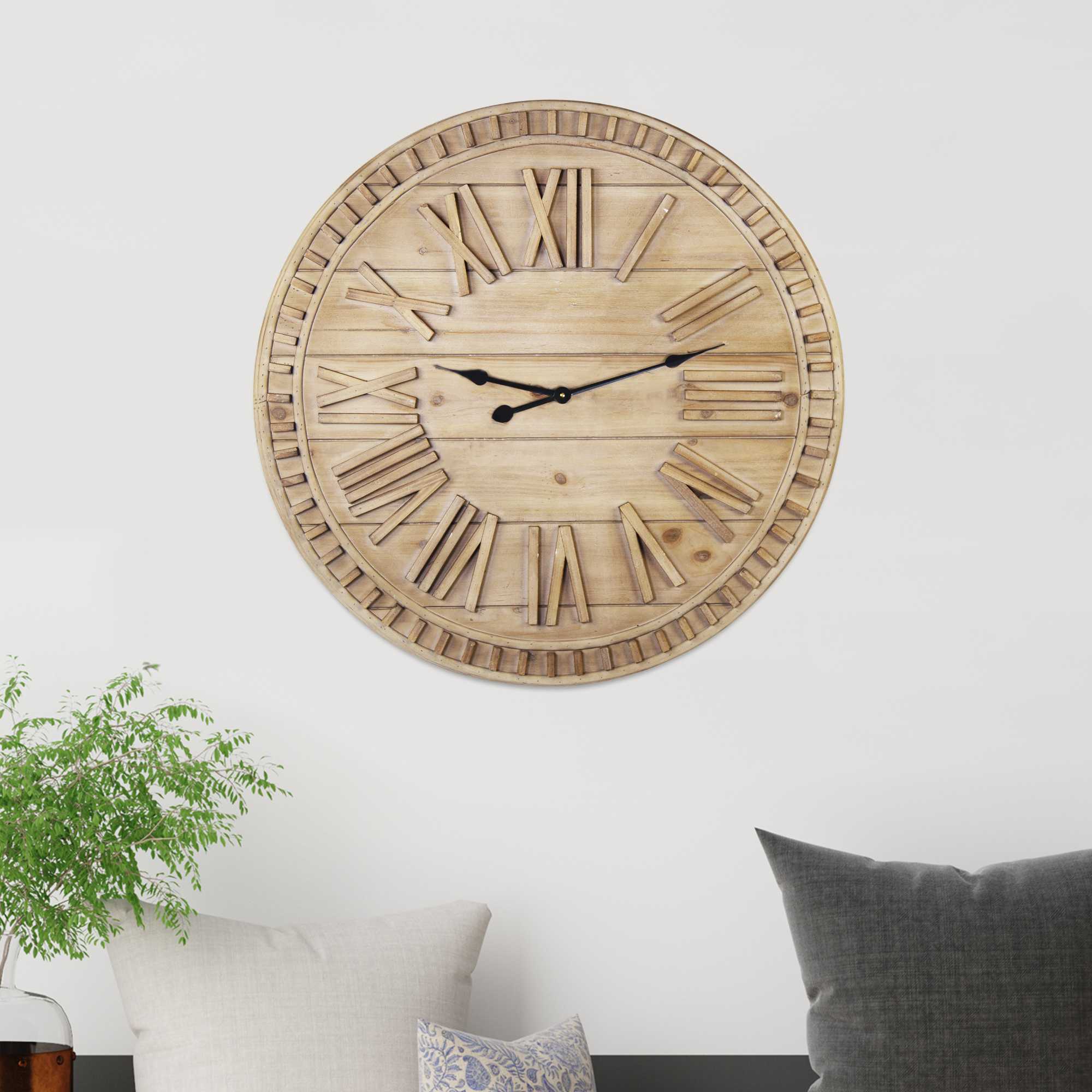 32 Round Natural Wood Face Roman Numeral Wall Clock - Minihomy