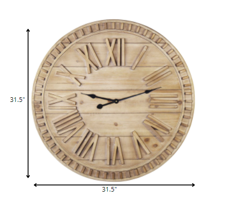 32 Round Natural Wood Face Roman Numeral Wall Clock - Minihomy