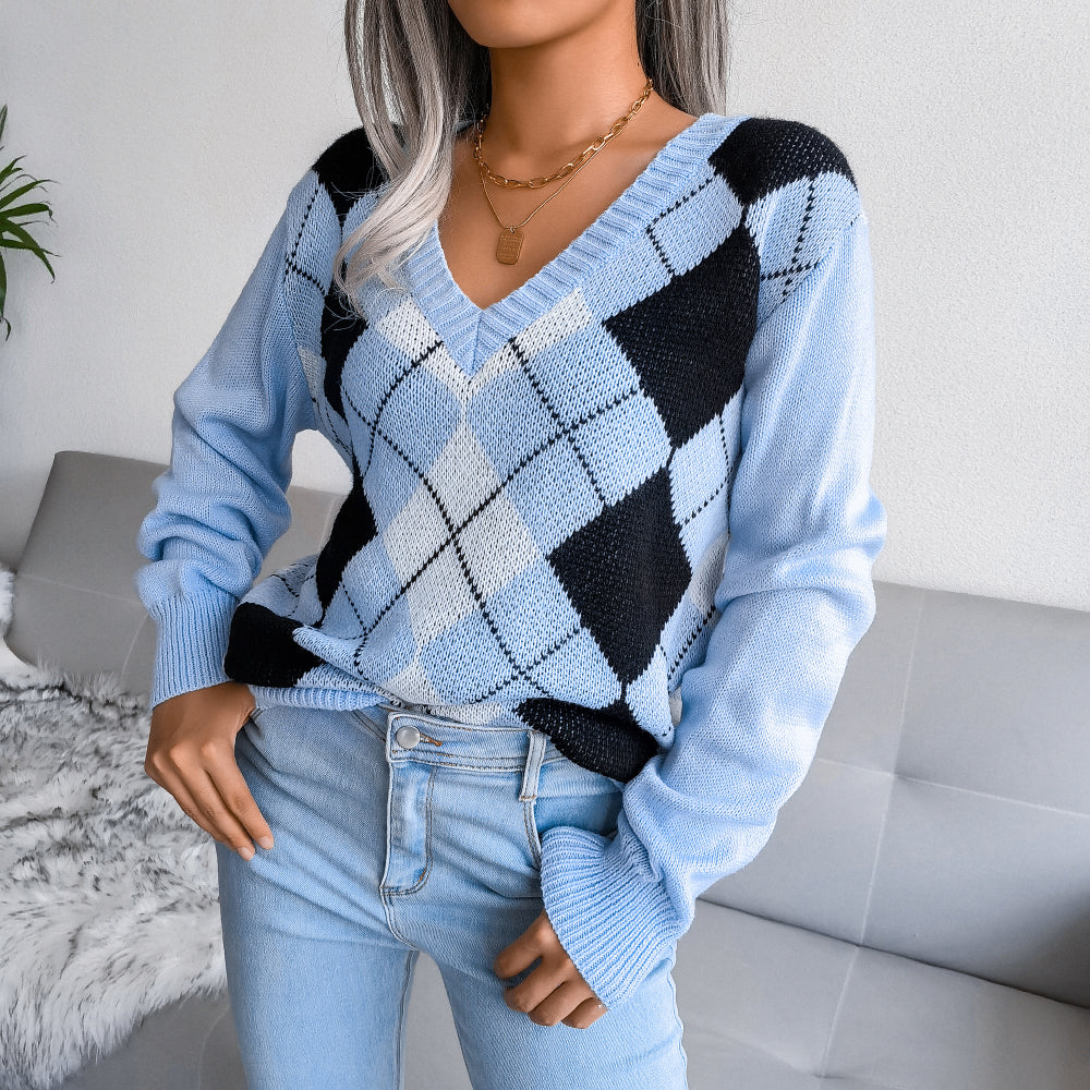 Argyle V-Neck Long Sleeve Sweater - Minihomy