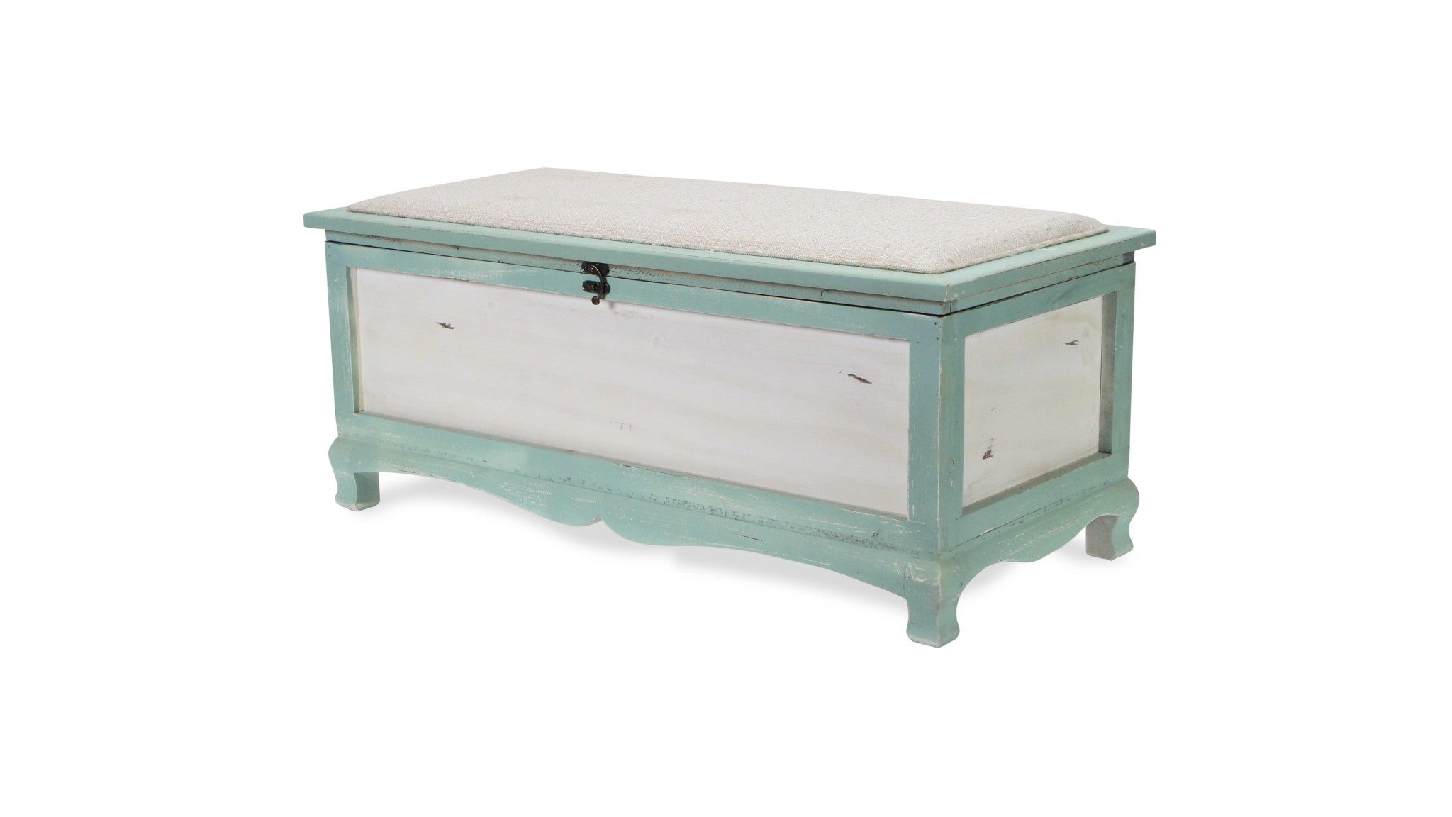 Rectangular Green Wooden With Seat Cushion And Inside Storage Bench