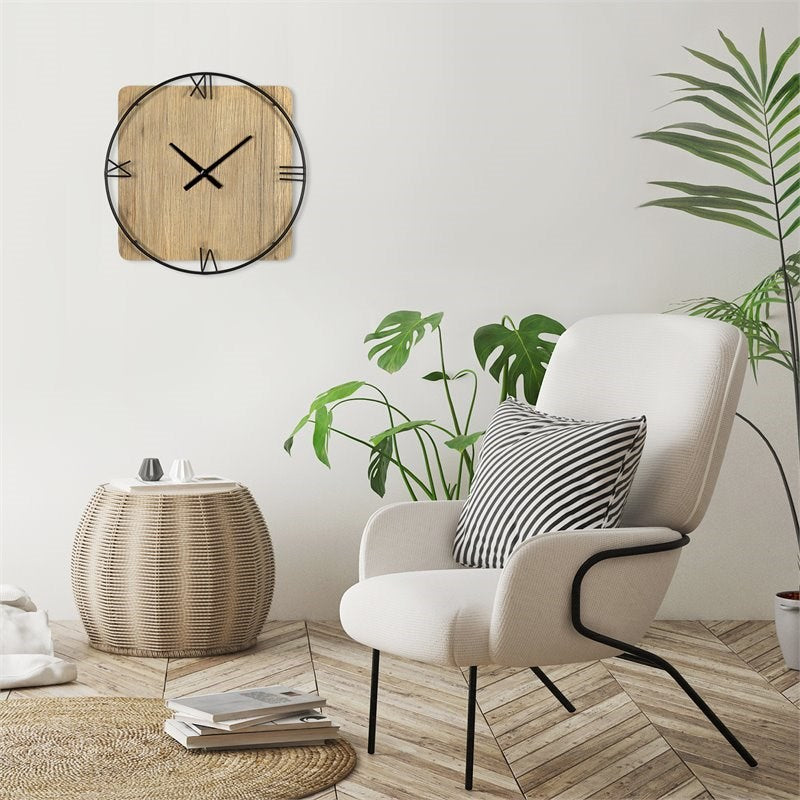 Minimalist Rustic Circle Square Wood And Metal Wall Clock - Minihomy