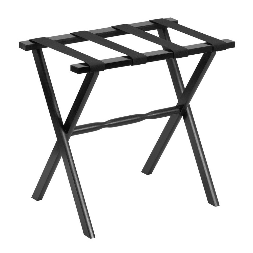 Hotel Black Finish Wood Folding Luggage Rack With Black Straps - Minihomy