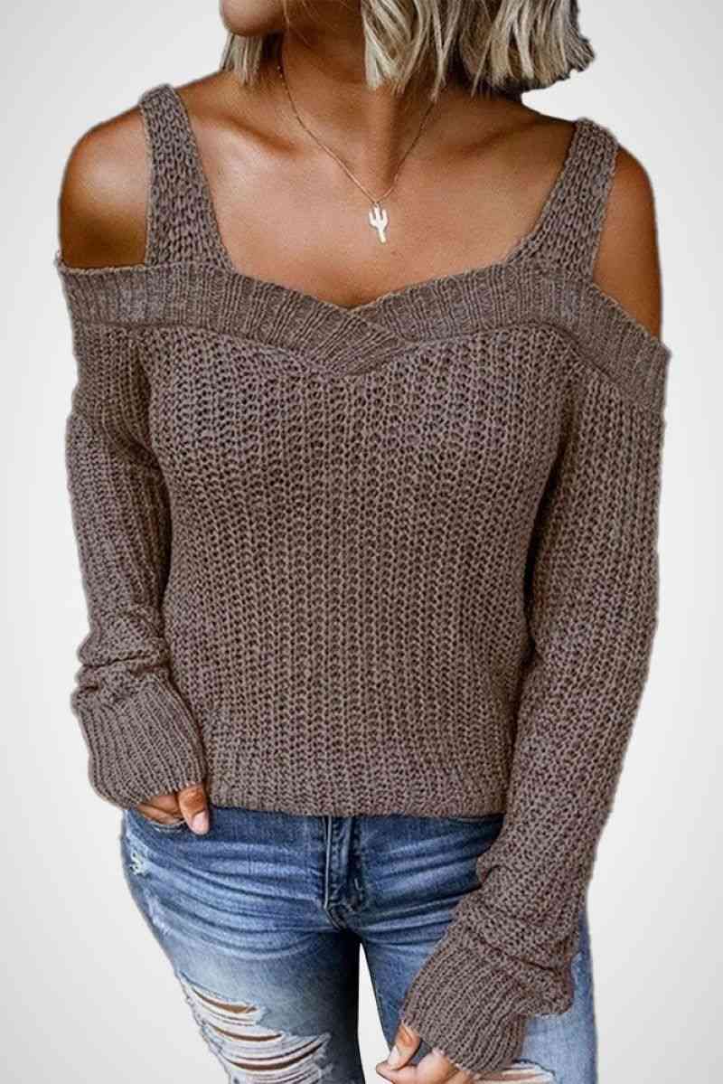 Long Sleeve Cold Shoulder Sweater - Minihomy