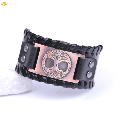 Wide Leather Alloy Tree of Life Bracelet