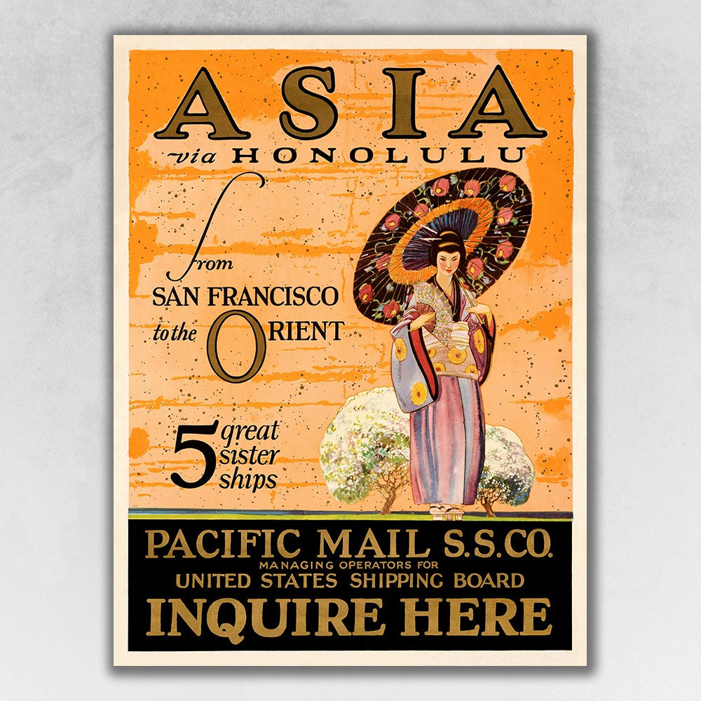 24" X 32" Asia Via Honolulu Vintage Travel Wall Art - Minihomy