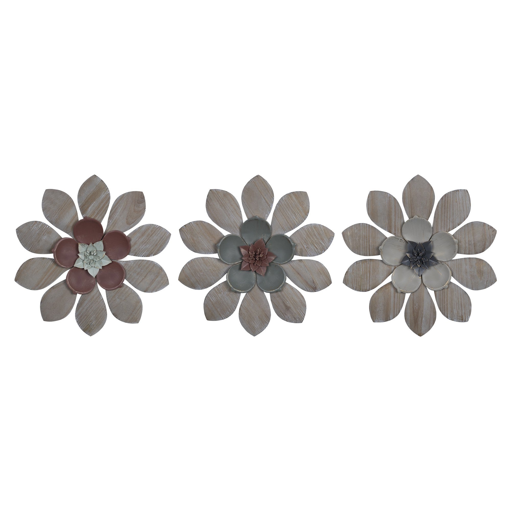 Set Of Three Wood And Metal Flower Wall Decor