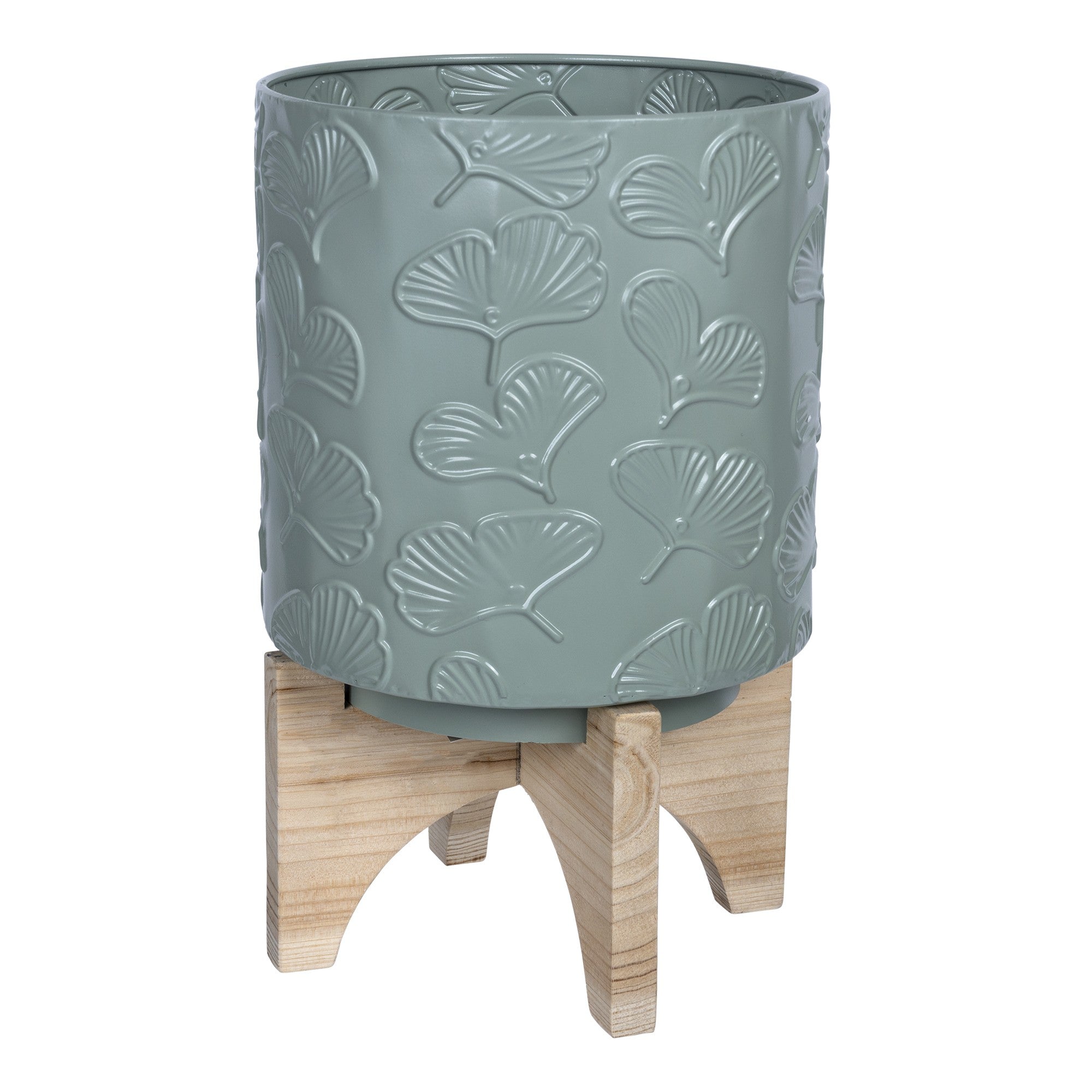 Leaf Pattern Green Planter With Wooden Base - Minihomy