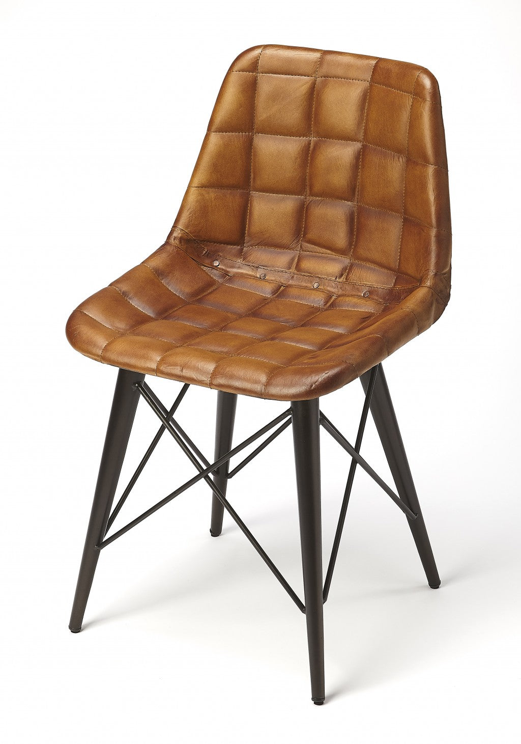 Stitched Squares Brown Leather Dining Chair