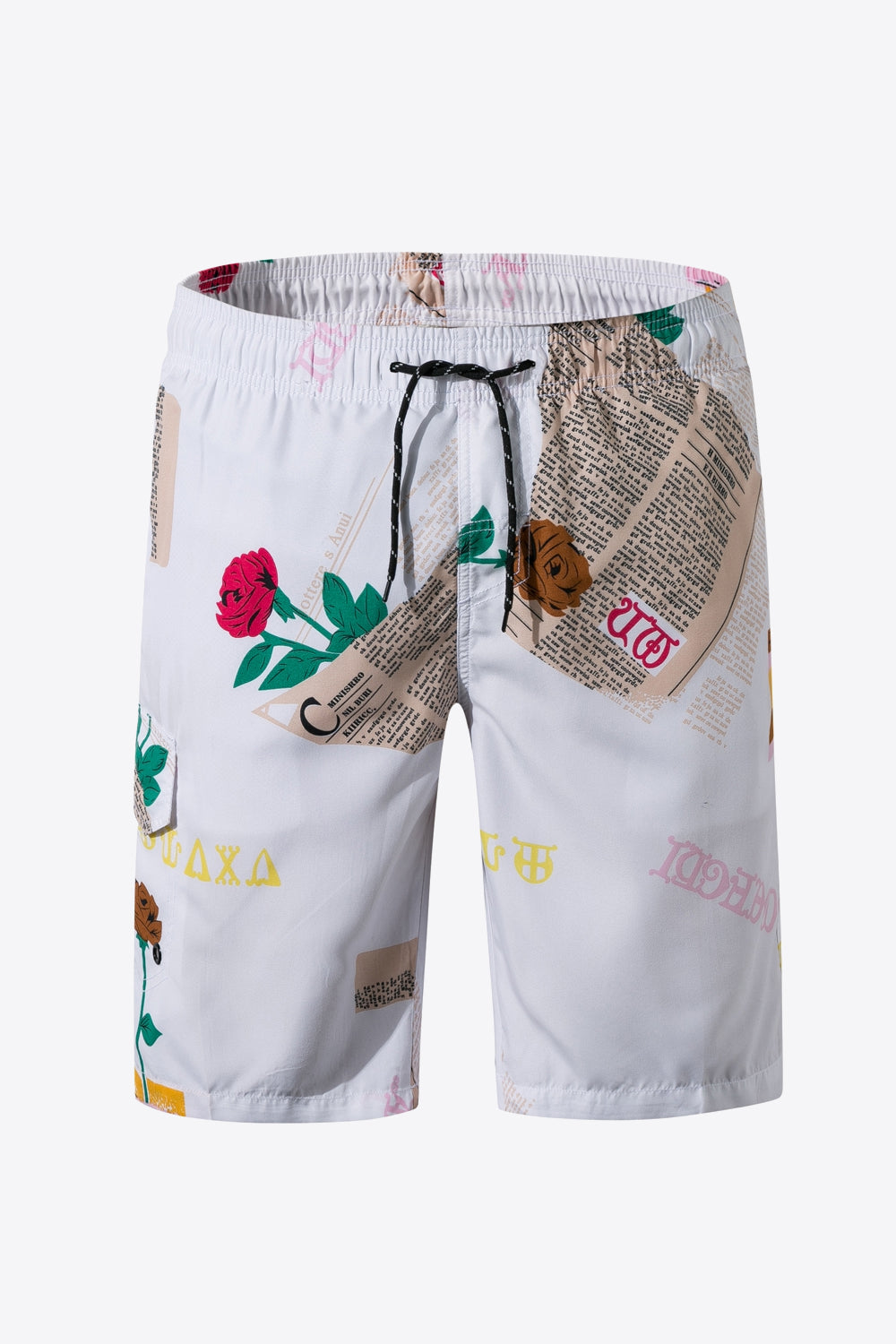 Full Size Newspaper Print Drawstring Waist Swim Trunks - Minihomy