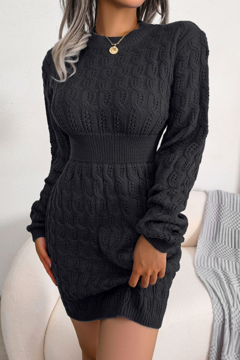 Cable-Knit Long Sleeve Mini Sweater Dress - Minihomy