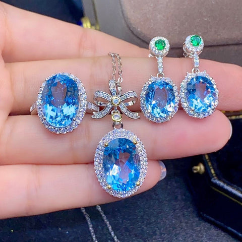 Natural Sky Blue Topaz Set Ring Pendant Earring Crystal