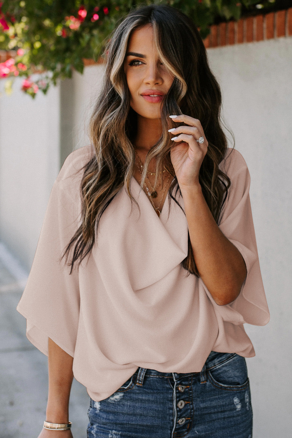 Short Sleeve Draped Blouse - Minihomy