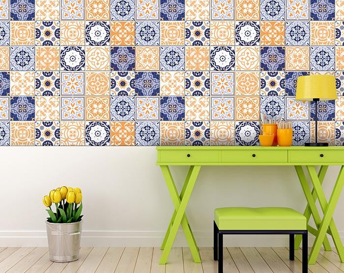 4" X 4" Yellow White And Blues Peel And Stick Removable Tiles - Minihomy