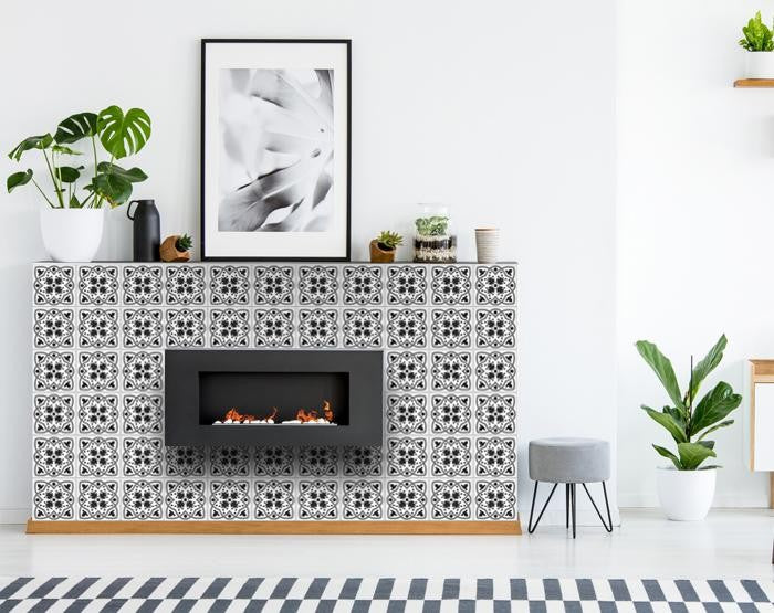 4" X 4" Charcoal And White Scroll Peel And Stick Removable Tiles - Minihomy