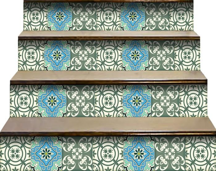 4" X 4" Sage And Aqua Floral Peel And Stick Removable Tiles - Minihomy