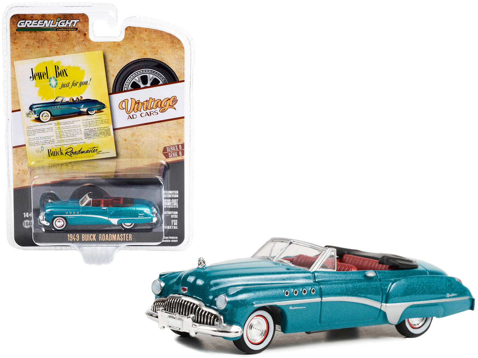 1949 Buick Roadmaster Blue Metallic with Red Interior "Jewel Box Just For You!" "Vintage Ad Cars" Series 8 1/64 Diecast Model Car by Greenlight - Minihomy