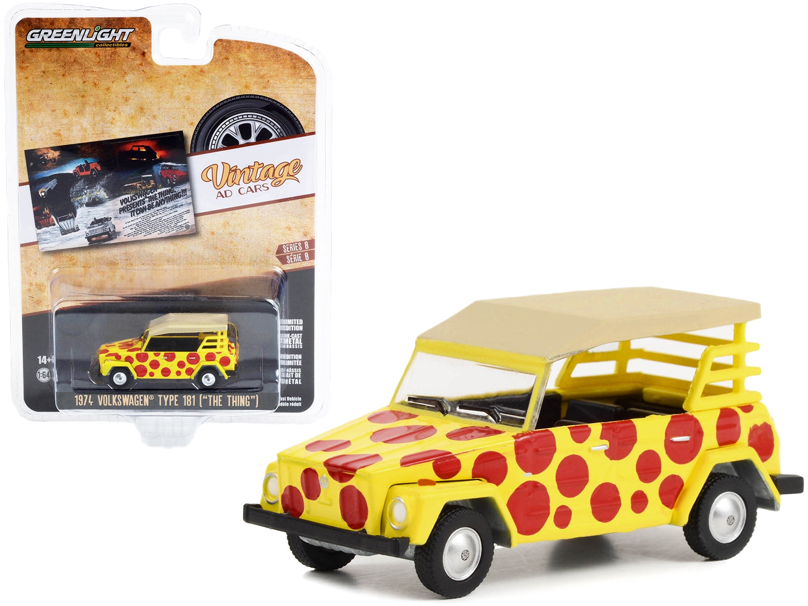 Volkswagen Thing Type 181 Yellow with Red Polka Dots "Vintage Ad Cars" Series 8 - 1/64 Diecast Model by Greenlight