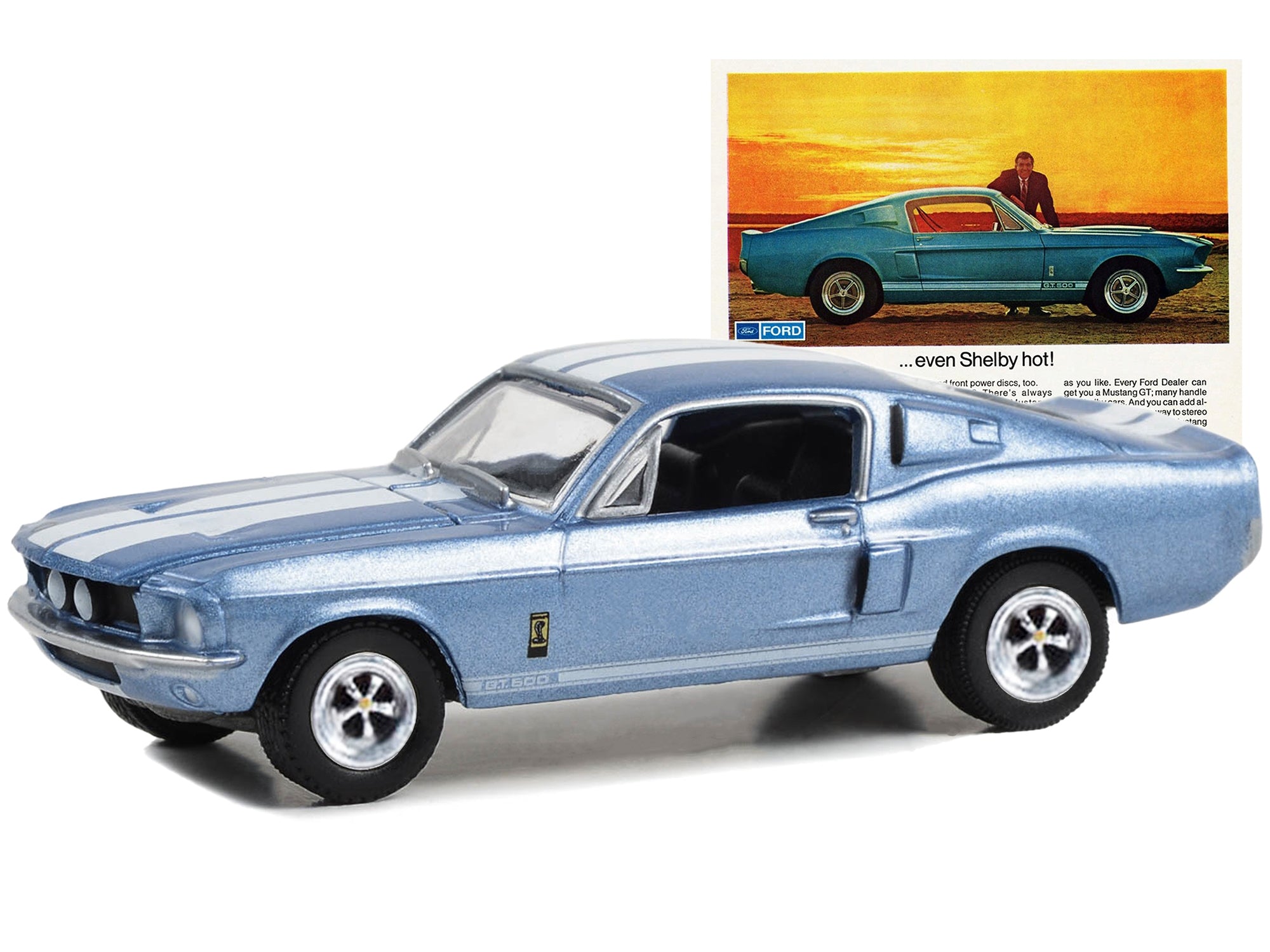 Greenlight 1/64 Diecast: 1967 Ford Mustang Shelby GT500 Light Blue Metallic, White Stripes "Vintage Ad Cars" Series 9