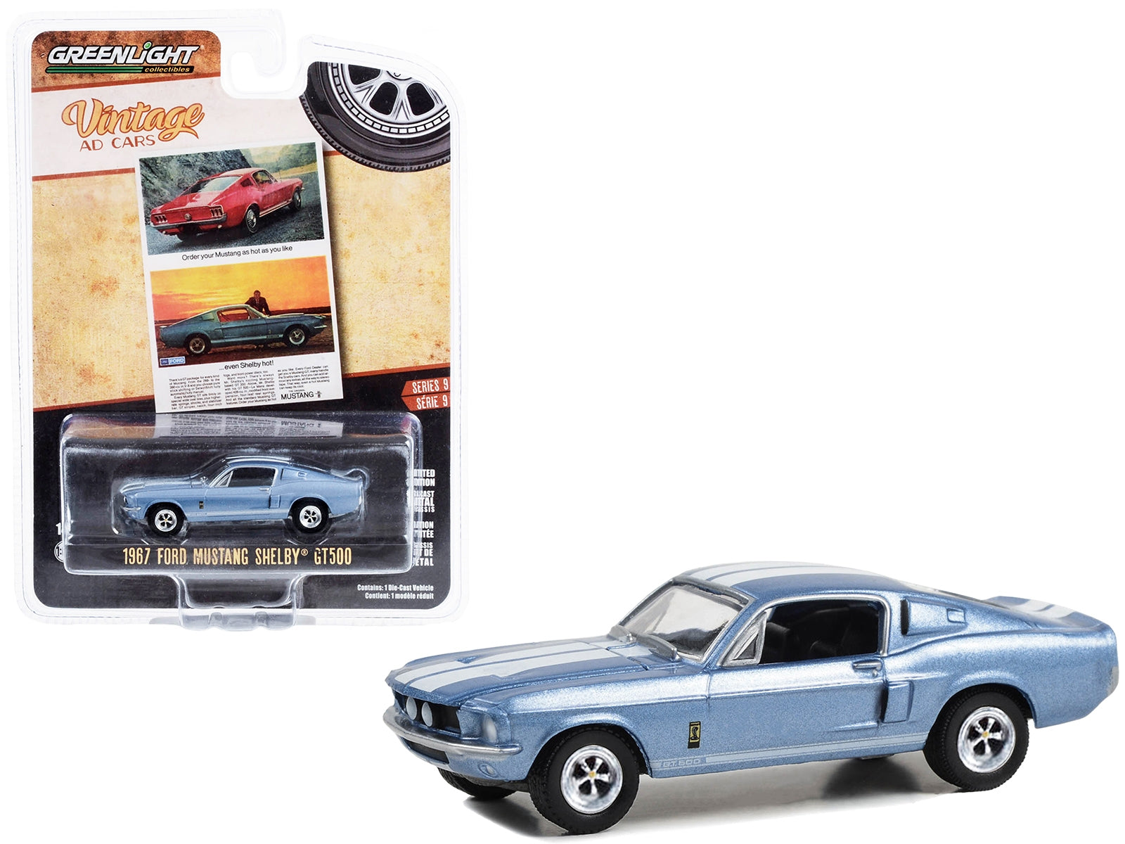 Greenlight 1/64 Diecast: 1967 Ford Mustang Shelby GT500 Light Blue Metallic, White Stripes "Vintage Ad Cars" Series 9