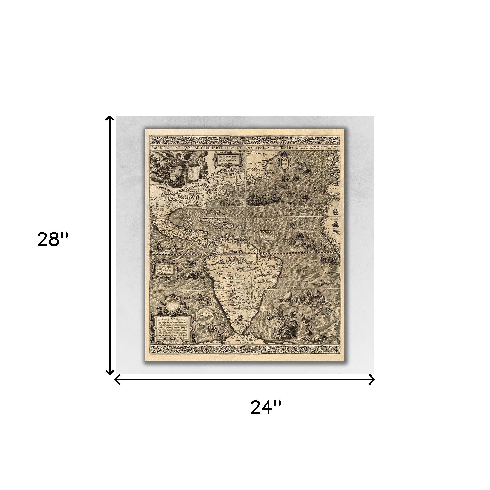 24" X 28" Vintage 1562 Map Of Early Americas Wall Art - Minihomy