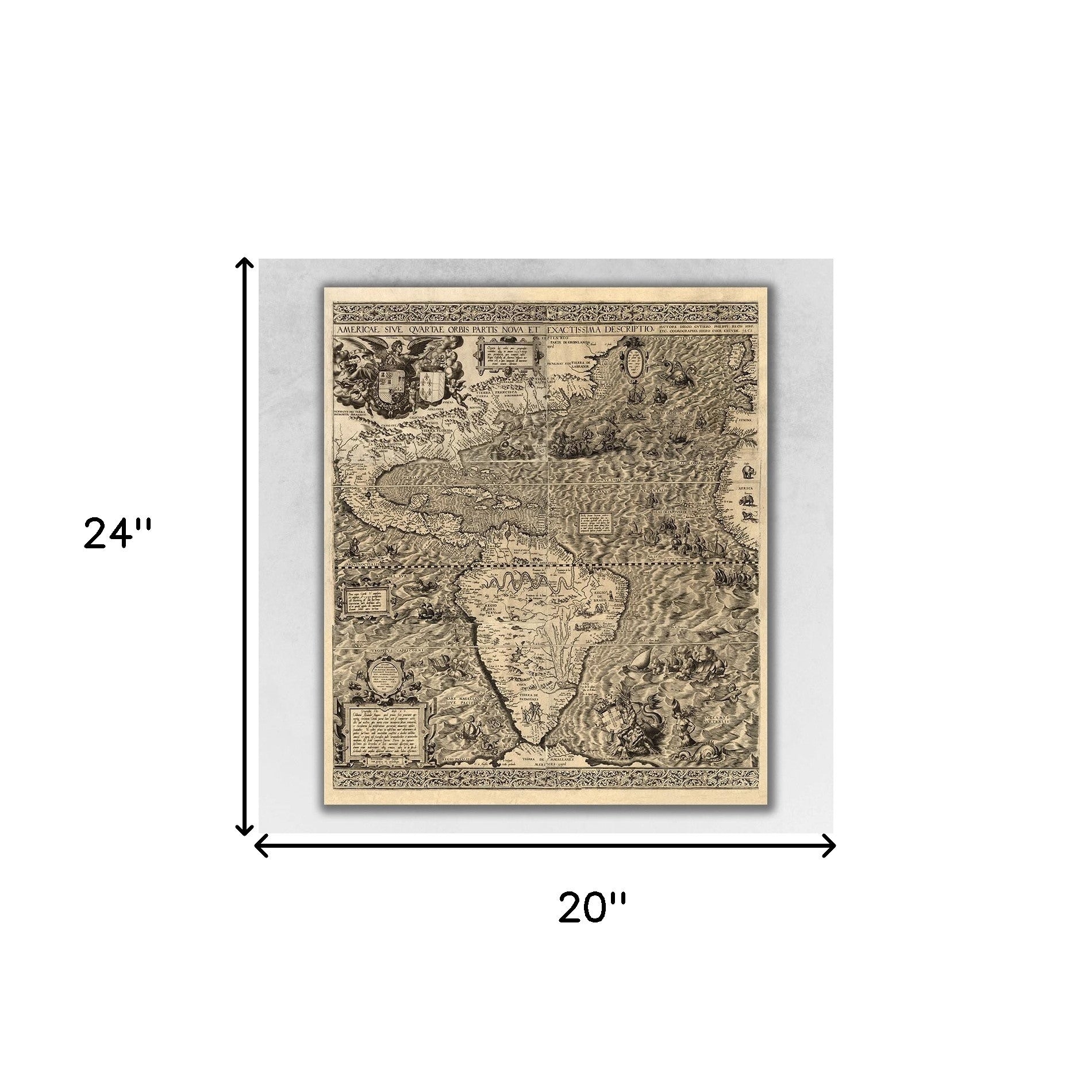 24" X 28" Vintage 1562 Map Of Early Americas Wall Art - Minihomy