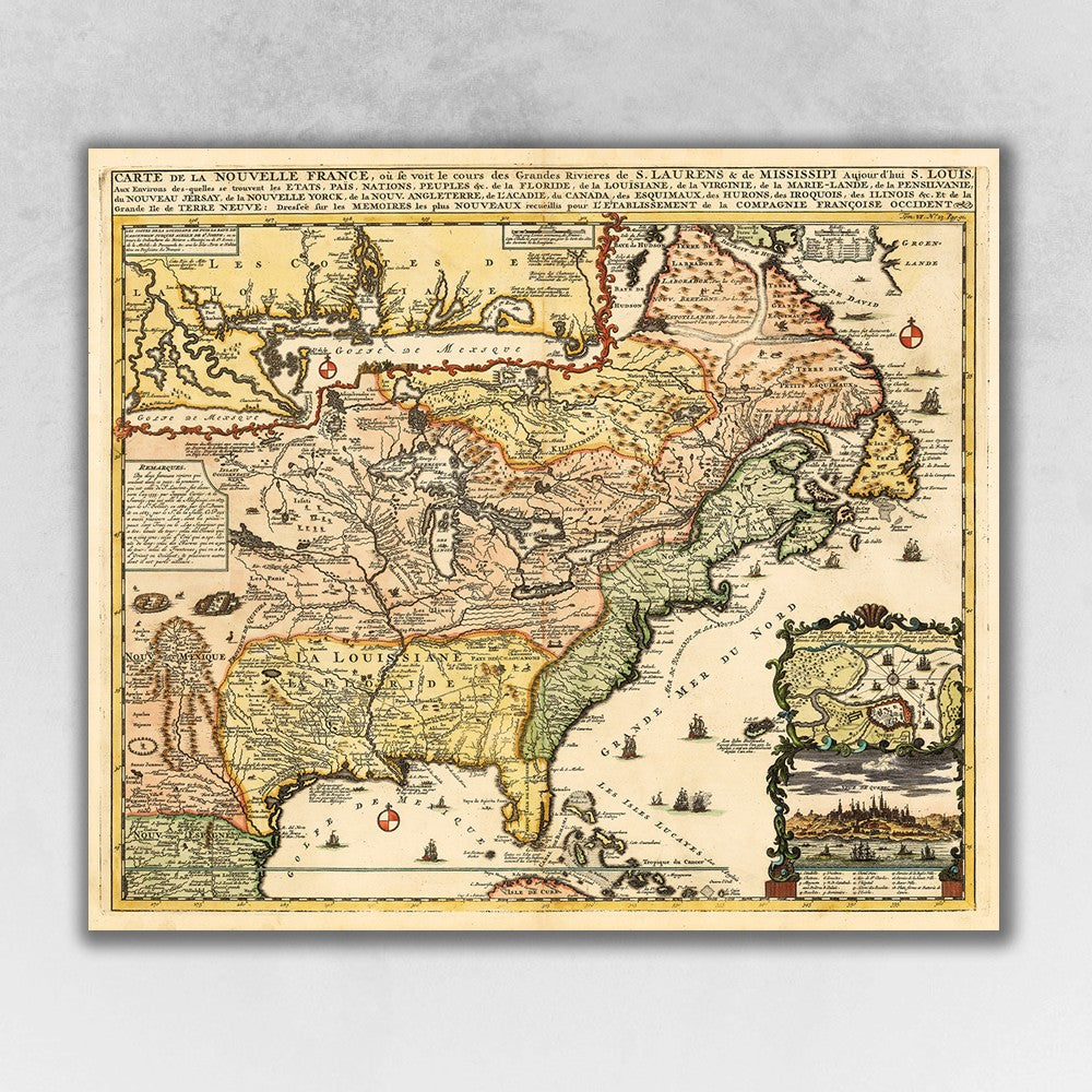 24" X 28" Vintage 1718 Map Of New France - Minihomy