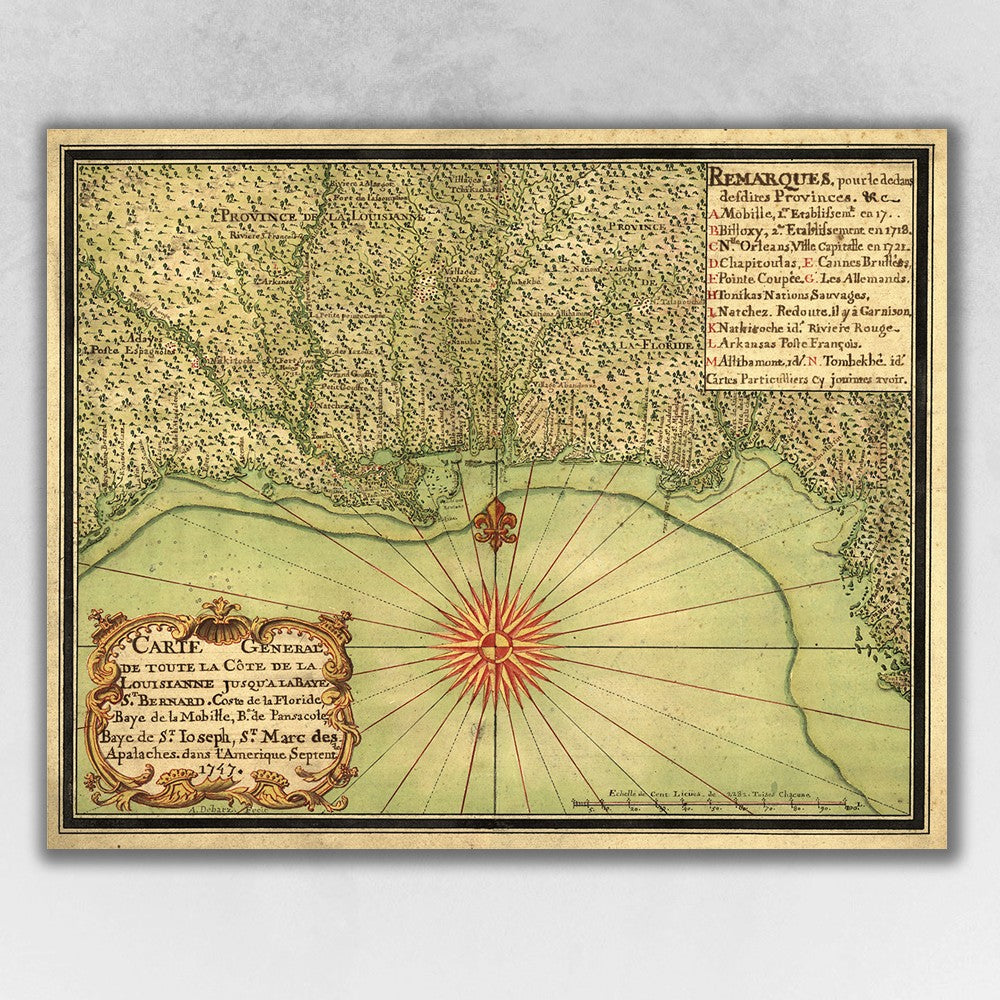 24" X 30" C1747 Map Of The Gulf Coast Vintage  Poster Wall Art - Minihomy