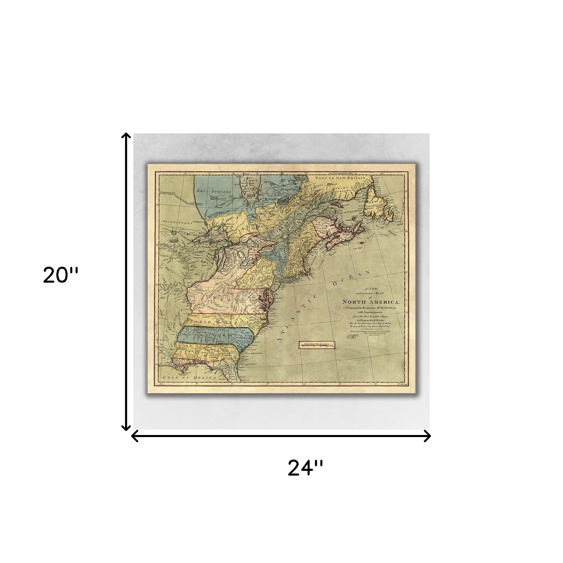 20" X 24" Vintage 1771  Map Of North America Wall Art - Minihomy