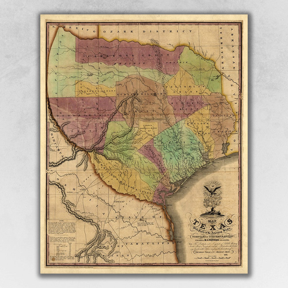 24" X 30" Texas And Surroundings C1837 Vintage Map Poster Wall Art - Minihomy