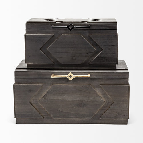 Set Of Two Brown Detailed Wooden Boxes