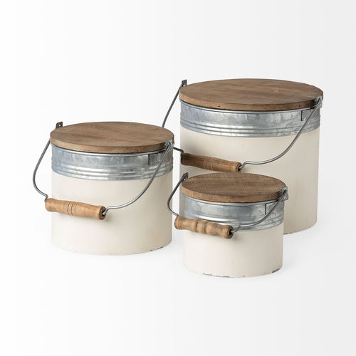 Set Of Three Rustic White Metal Storage Cans