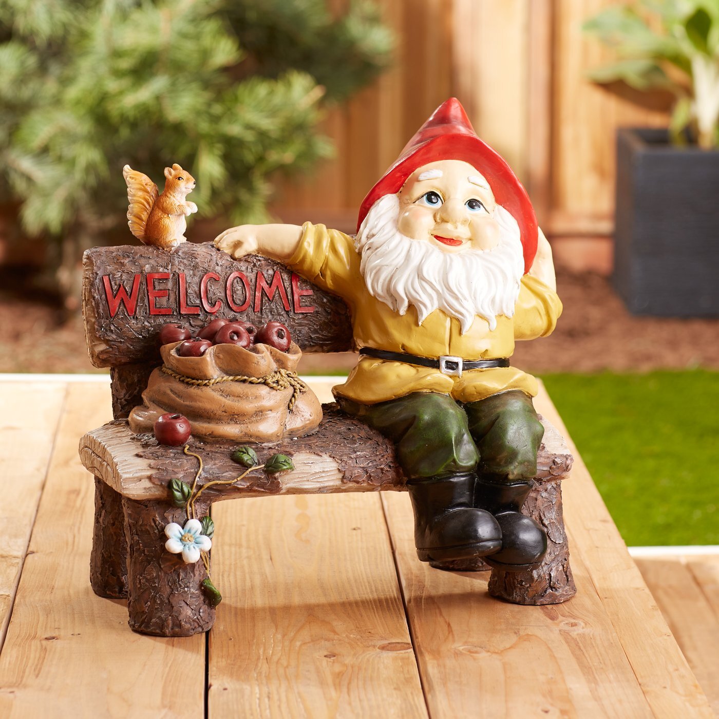 Garden Gnome and Squirrel on Welcome Bench