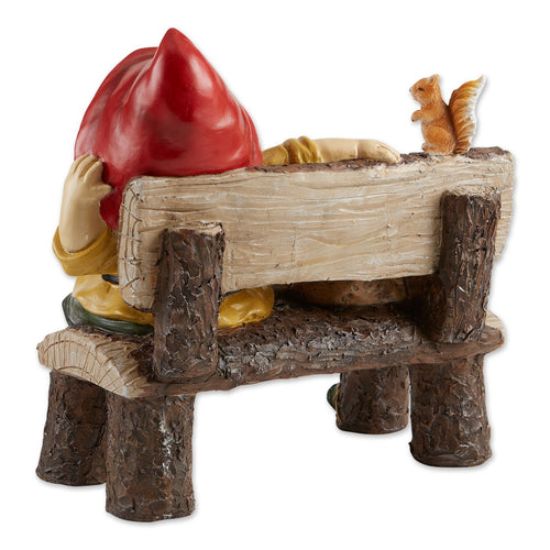 Garden Gnome and Squirrel on Welcome Bench