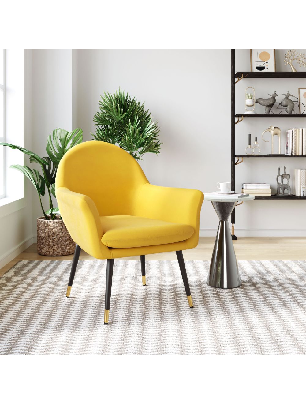 Golden Yellow Comfy Curvy Velvet and Black Accent Chair - Minihomy