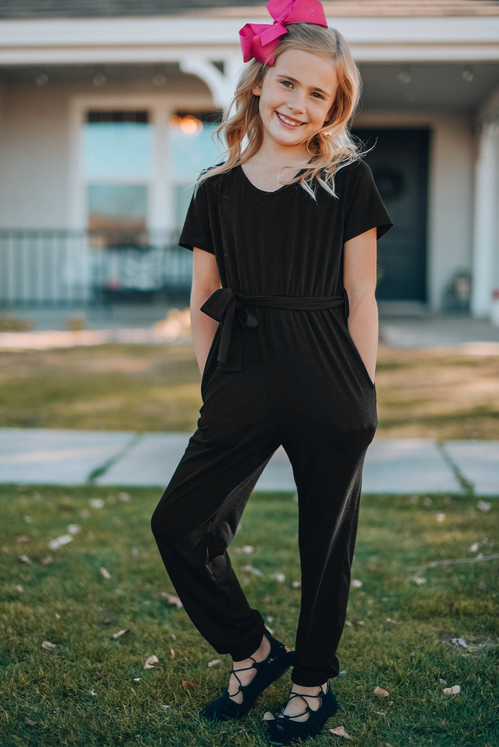 Girls Belted Jogger Jumpsuit with Side Pockets