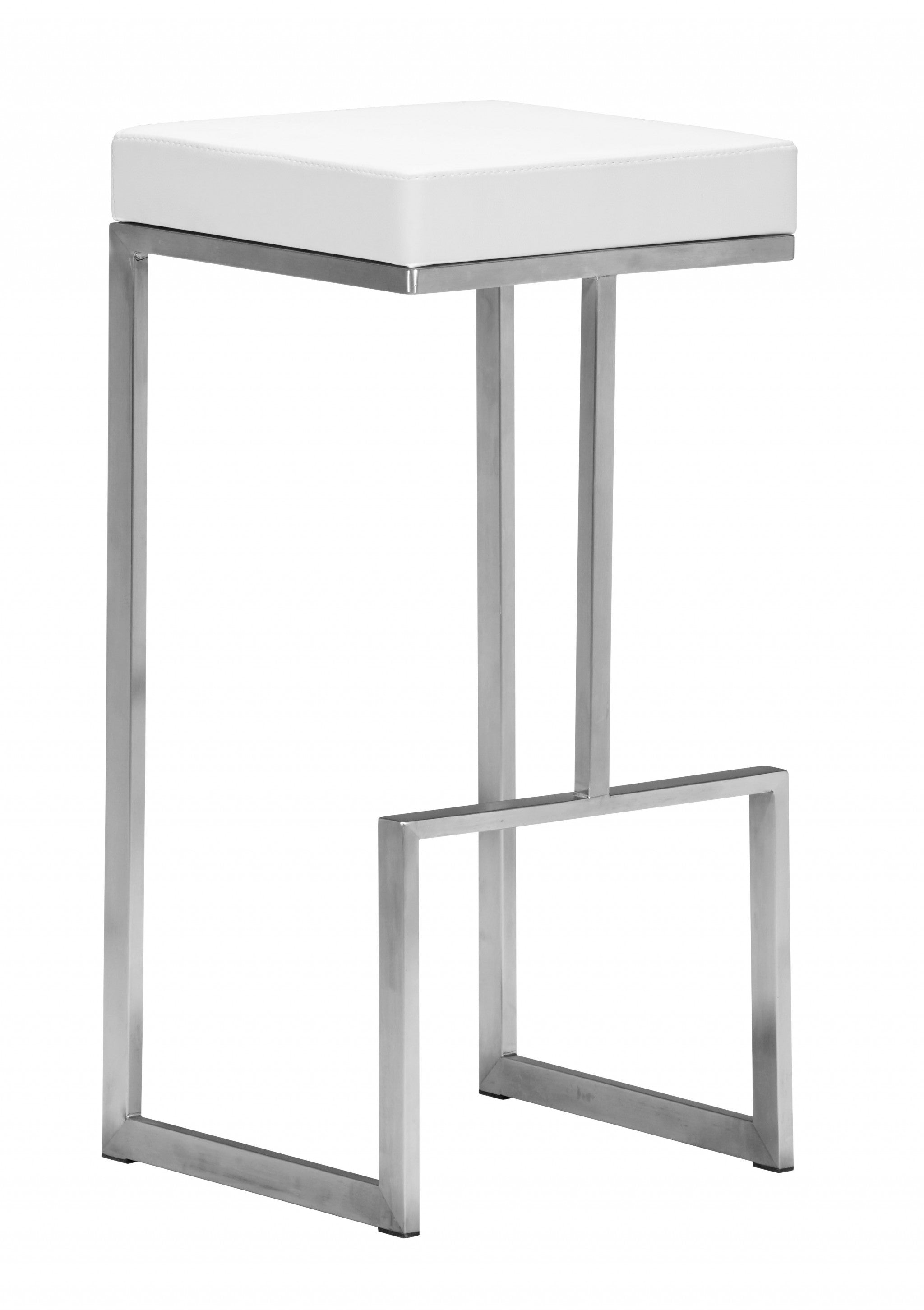 Set of Two White Faux Leather and Stainless Geometric Backless Barstools