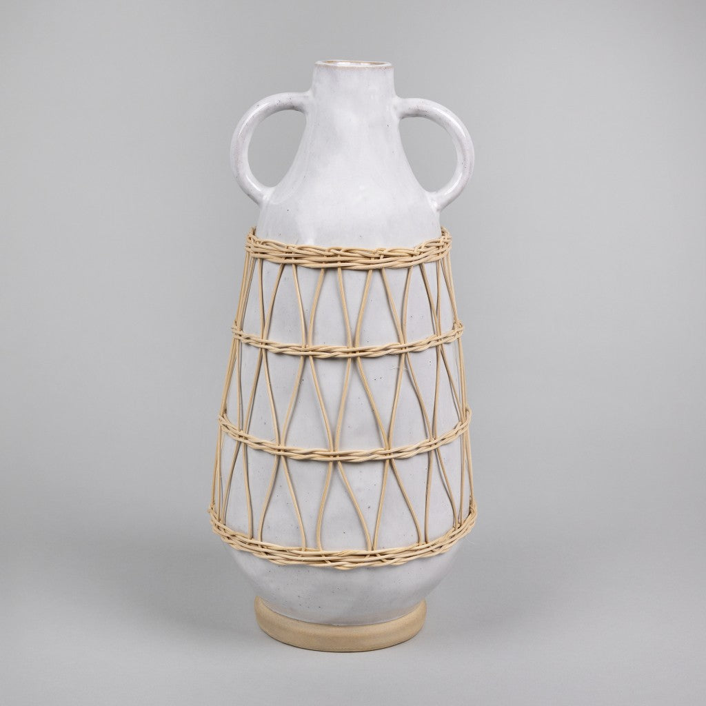 White Stone and Rattan Detail Long Vase