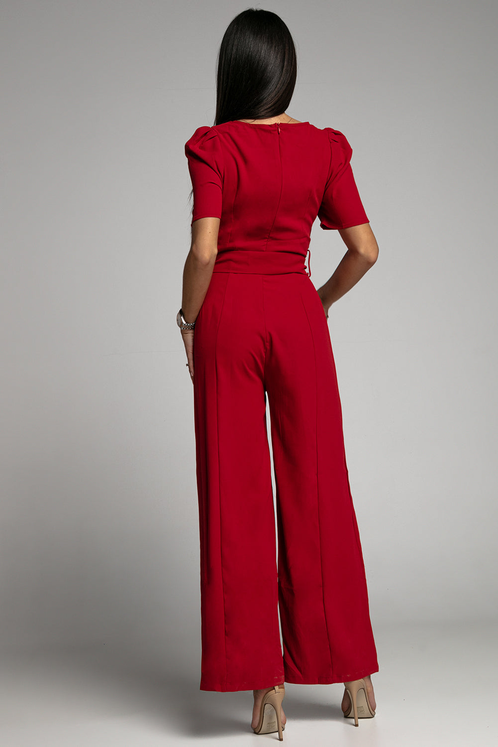 Belted Square Neck Puff Sleeve Jumpsuit - Minihomy