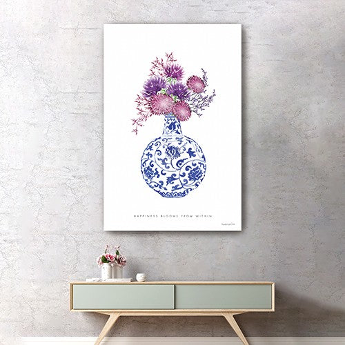 24" x 16" Blue and White Happiness Floral Vase Canvas Wall Art - Minihomy