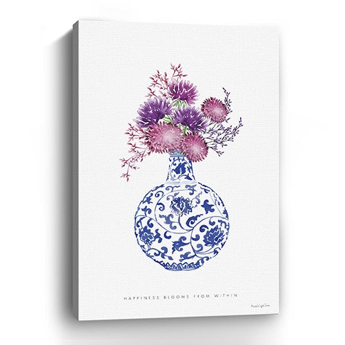 24" x 16" Blue and White Happiness Floral Vase Canvas Wall Art - Minihomy